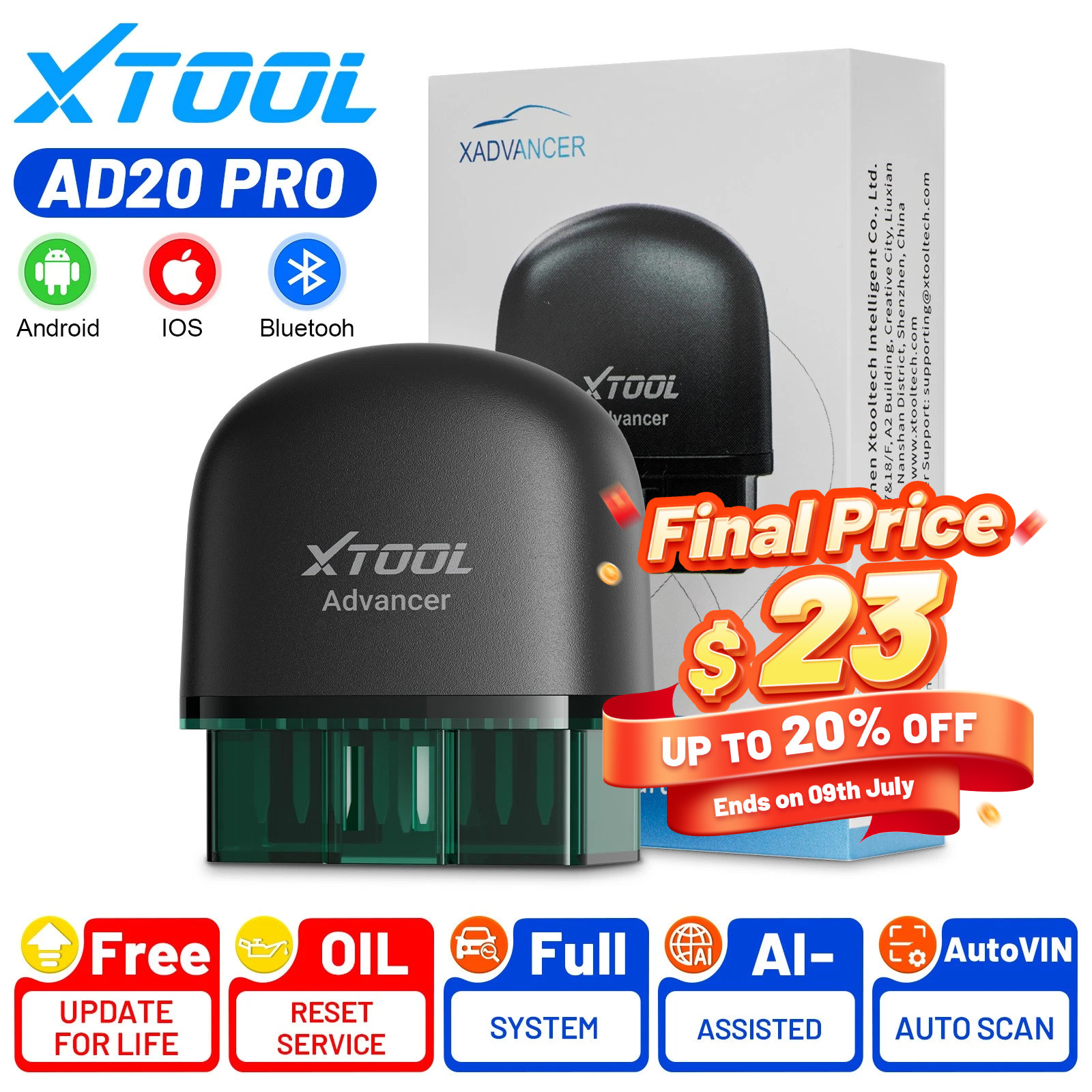 XTOOL AD20 PRO Bluetooth OBD2 Engine Code Reader Full System AI Diagnostic Tool