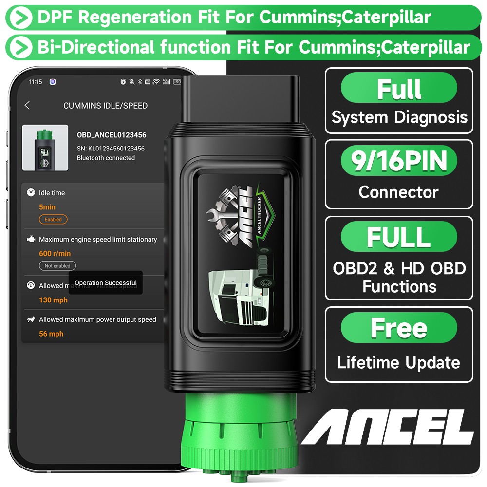 ANCEL HD100 Heavy Duty Truck Diagnostic Scanner DPF Forced Regen for Cummins CAT