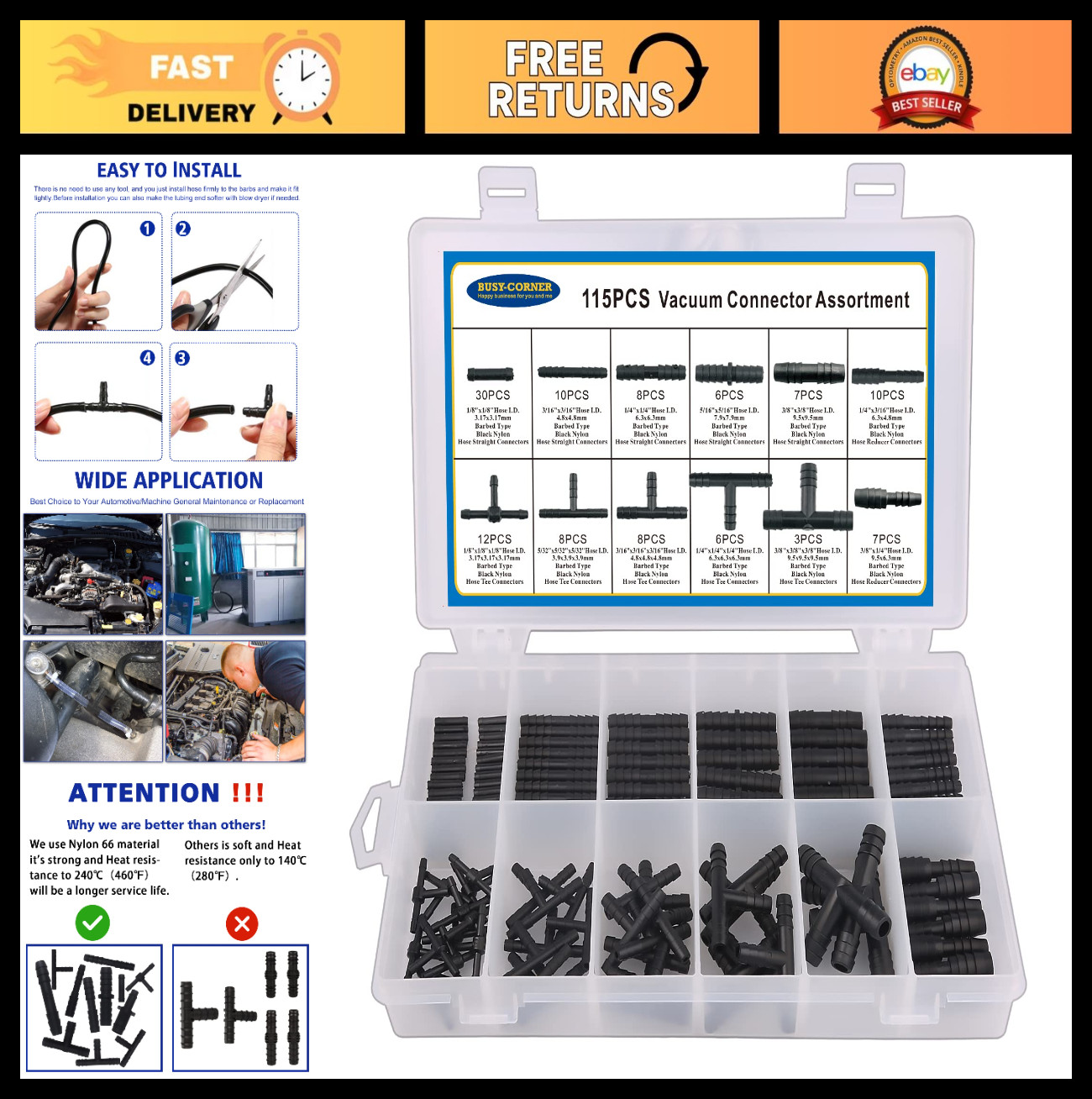 Heat Resistant Vacuum Connector Assortment Kit – 115 Nylon Tubing Tees, 240℃/460