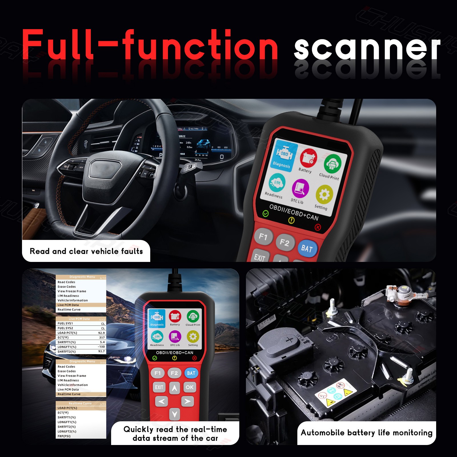 OBD2 Auto Diagnostic Tool GPU Turbo 2.4” IPS Cloud Print 12V Gasoline Cars