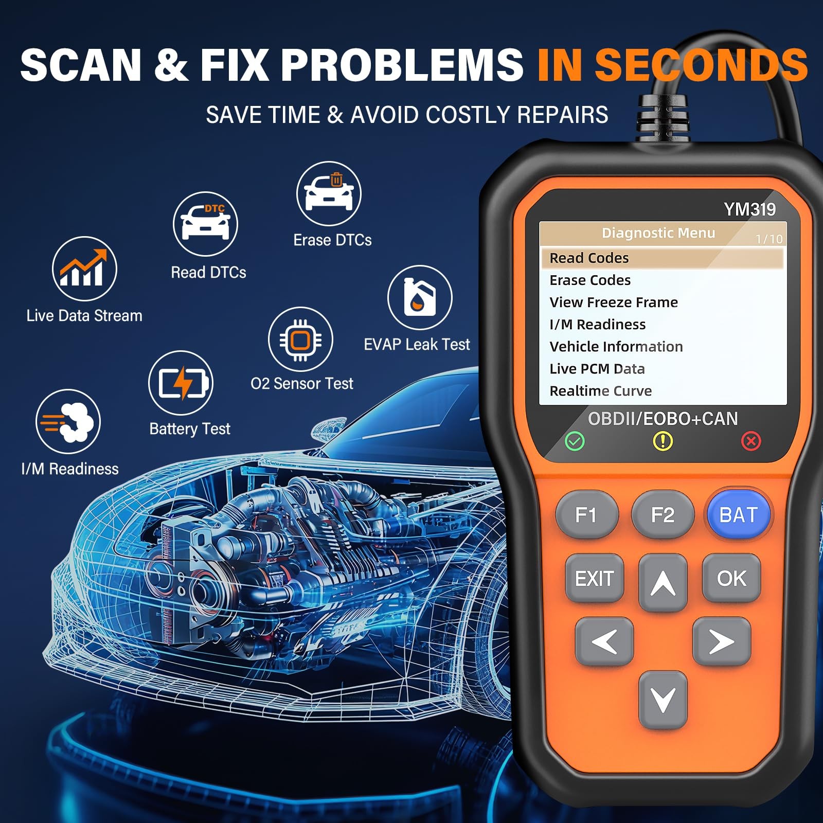 OBD2 Scanner Diagnostic Tool with Battery Tester, Live Data & DTC Lookup