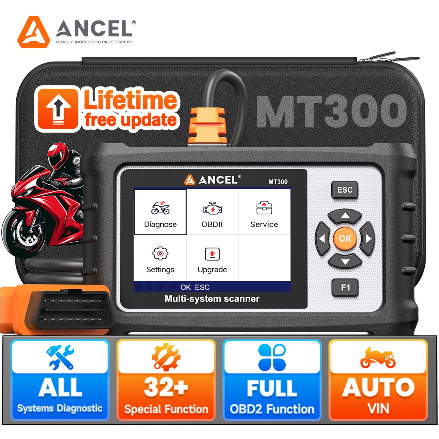 ANCEL MT300 OBD2 Motorcycle All System Scanner Diagnostic Code Reader ABS Bleed