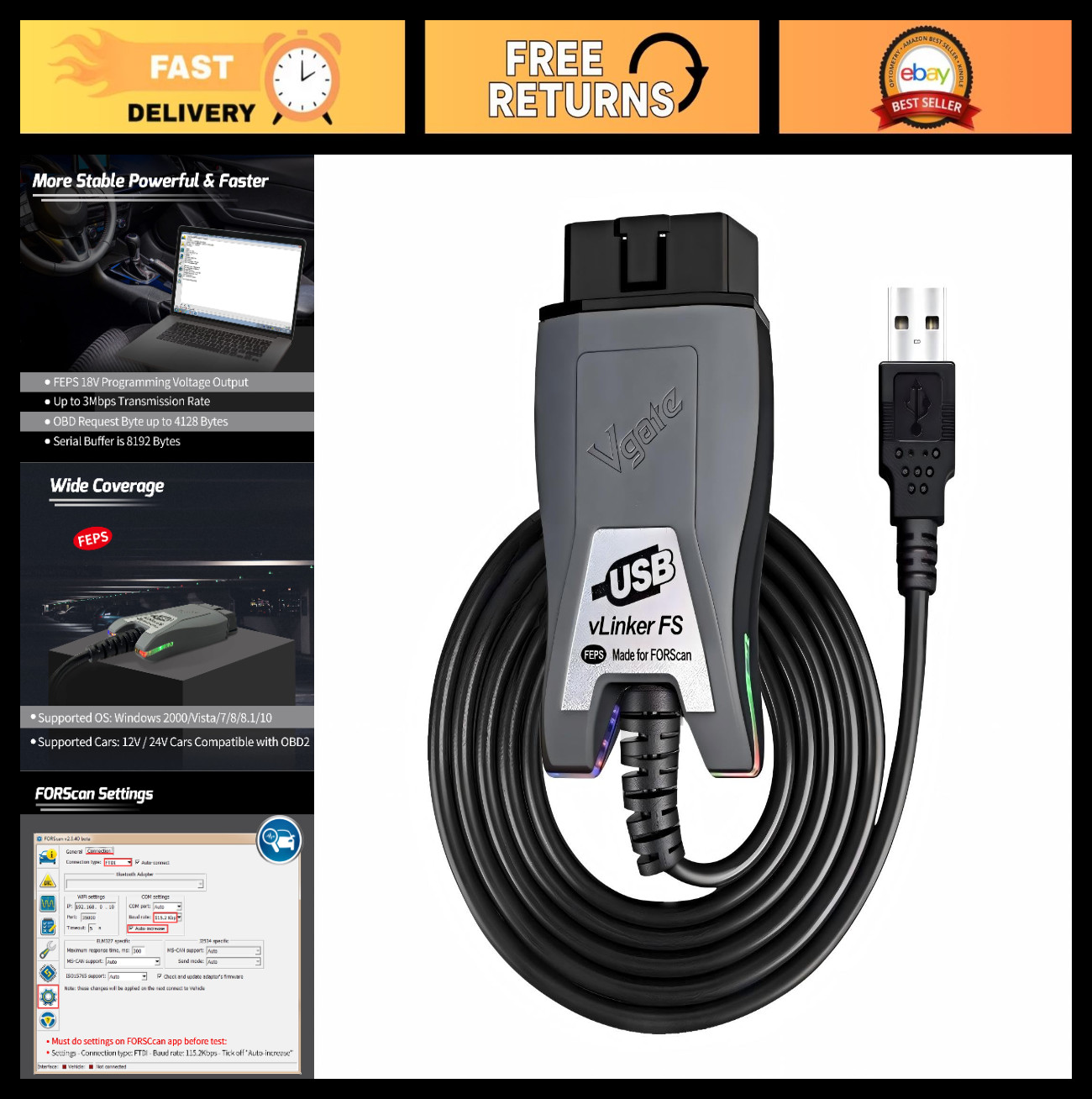 OBD2 USB Adapter for FORScan | Vgate vLinker FS, HS/MS-CAN Auto Switch, Diagnost