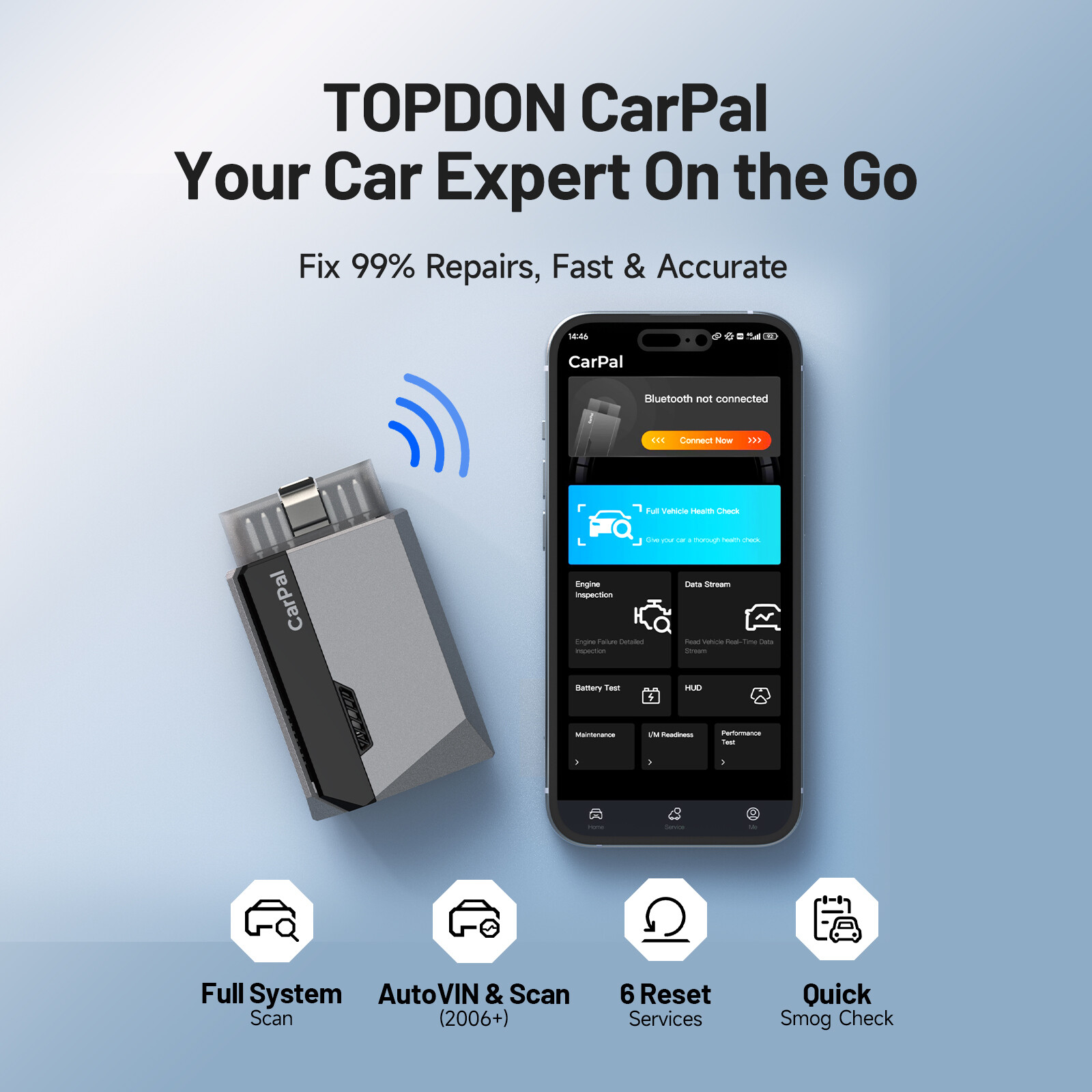 TOPDON Carpal Wireless OBD2 Scanner Full System Diagnostic Code Reader 6 Resets
