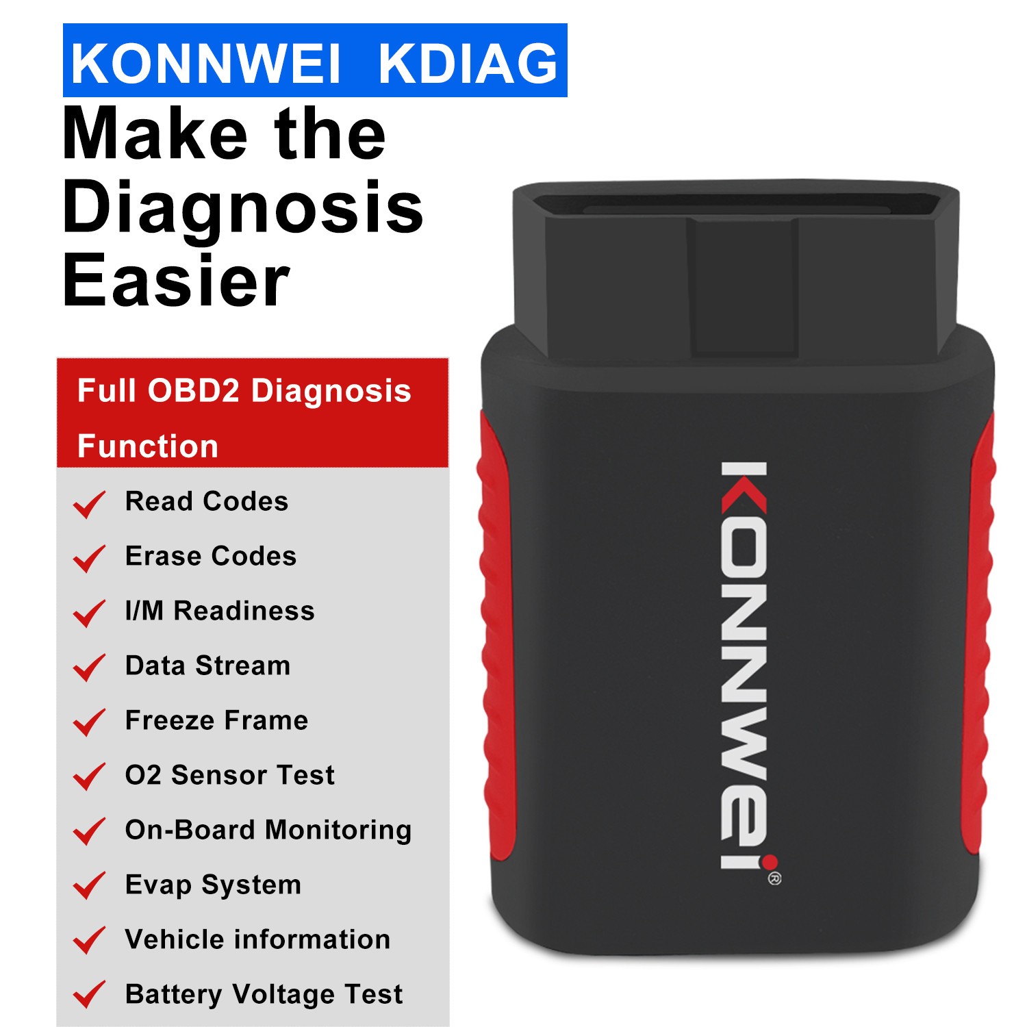 KONNWEI KDIAG Car OBD2 Reader ABS SRS Code Scanner Diagnostic Tool for 12V Car
