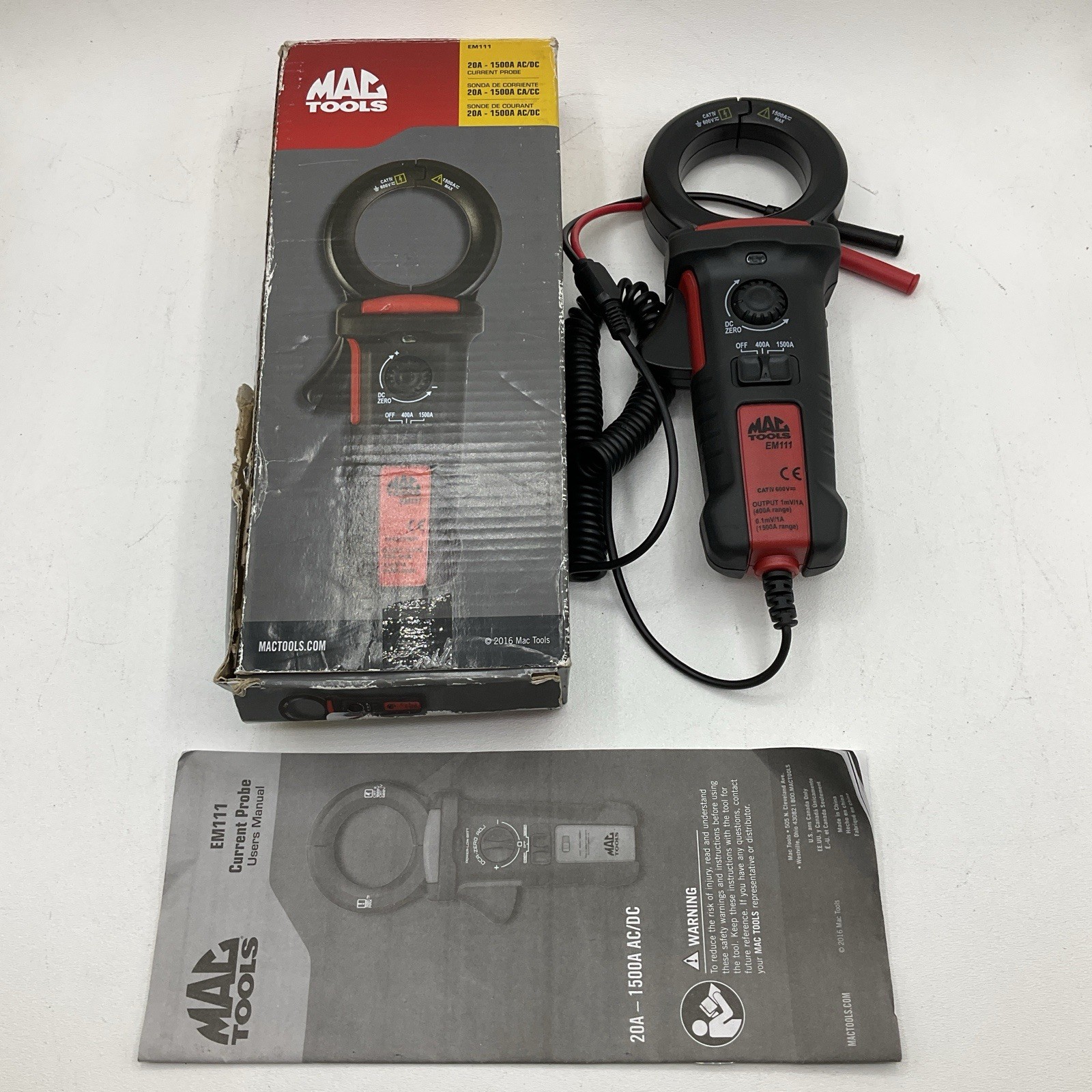 Mac Tools EM111 20A-1500A AC DC Current Amp Probe Clamp Meter With Box Manual